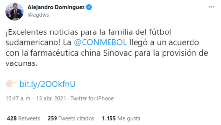 COVID-19: Conmebol anunció 50 mil vacunas para futbolistas